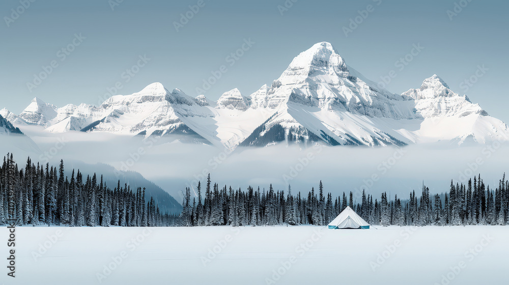 Obraz premium serene winter landscape featuring snow covered tent surrounded by majestic mountains and tranquil forest. scene evokes sense of peace and adventure in nature