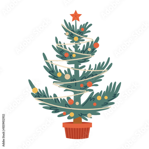 New Year's tree in pot. Holiday Christmas tree with balls and beads in retro style. Vector illustration