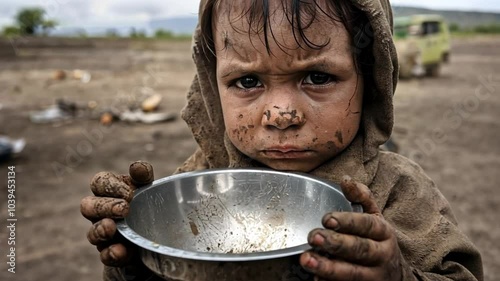 A child with dirty hands holds an empty bowl. The background shows a barren landscape. The image is striking and heart-wrenching, focusing on malnutrition and food insecurity.
