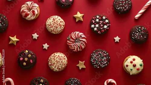 Festive Cookies and Treats on Red Background