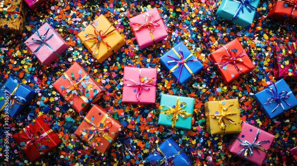 Colorful Gifts on Confetti Background Colorful Gifts on Confetti Background