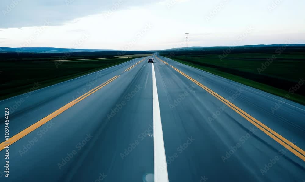 aerial perspective of a car racing down a long asphalt highway