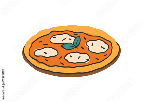 Italian pizza in a flat style. Pizza Margarita. Dish in a wood plate. Colorful bright vector illustration in modern style isolated on a white background