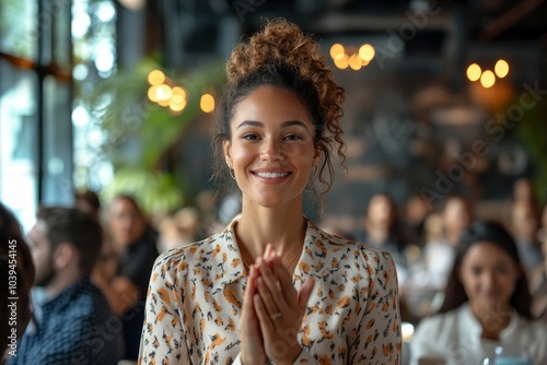 Successful businesswoman being applauded by her colleagues in an, Generative AI