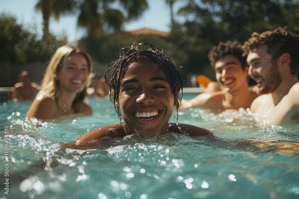 Multiracial group of friends having fun in a pool, Generative AI Multiracial group of friends having fun in a pool, Generative AI