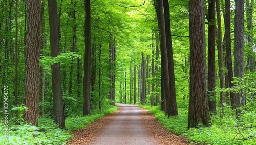 A winding forest path surrounded by tall trees and green leaves, with a dirt road stretching into the distance, creating a peaceful nature scene.