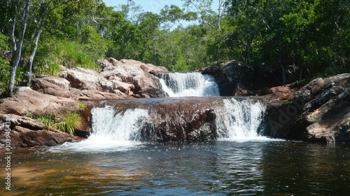 Serene Waterfall in Lush Green Forest Setting