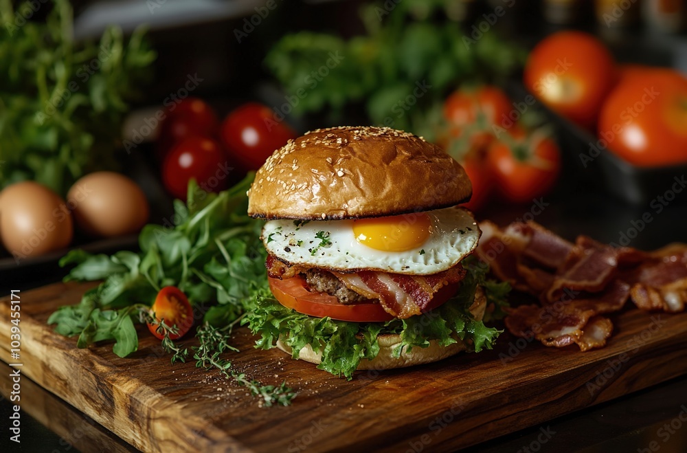 A mouthwatering photo of an egg and bacon burge
A mouthwatering photo of an egg and bacon burge