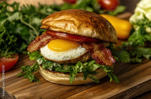 A mouthwatering photo of an egg and bacon burge
 photo