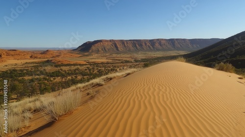 Expansive Desert Landscape with Sand Dunes and Mountains