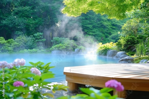 A scenic outdoor setting with tables, benches, and a lush garden surrounded by nature photo