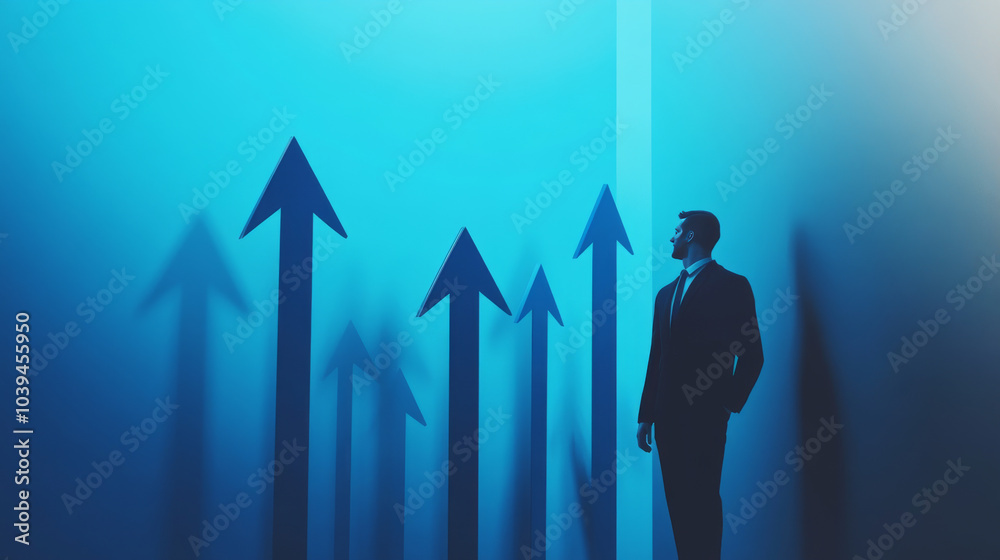 A businessman is standing next to giant blue arrows pointing up, representing his success. The background is a calming blue. A businessman is standing next to giant blue arrows pointing up, representing his success. The background is a calming blue.