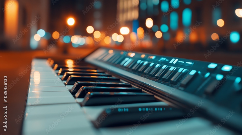 Nighttime Synth Keys: A close-up, intimate shot of a white synthesizer keyboard under the glow of city lights, evoking a mood of creativity and musical expression. Nighttime Synth Keys: A close-up, intimate shot of a white synthesizer keyboard under the glow of city lights, evoking a mood of creativity and musical expression.