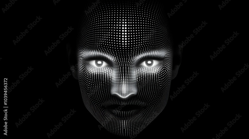 A monochrome image of a face with dot representations of a female visage A monochrome image of a face with dot representations of a female visage