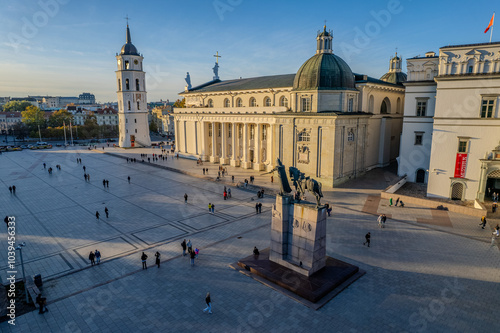 Aerial autumn morning sunset view of Vilnius Cathedral Square, Old Town, Lithuania