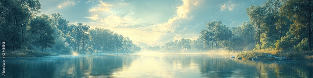 Fototapeta premium Serene landscape with a calm river and soft, misty atmosphere.