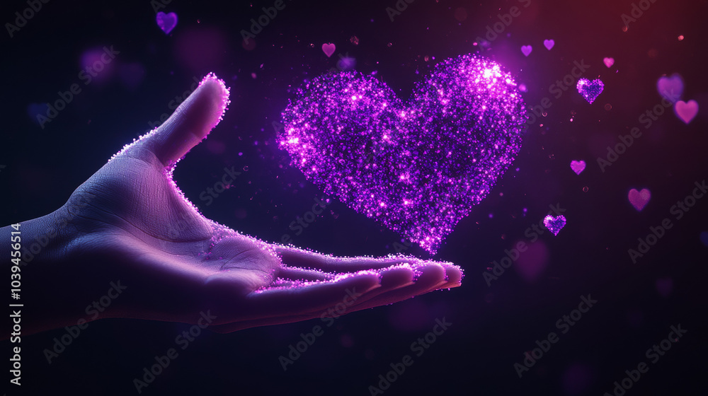 A hand reaches out against a dark background, with a bright purple heart made of pixels hovering above it. This represents a global online dating service. A hand reaches out against a dark background, with a bright purple heart made of pixels hovering above it. This represents a global online dating service.