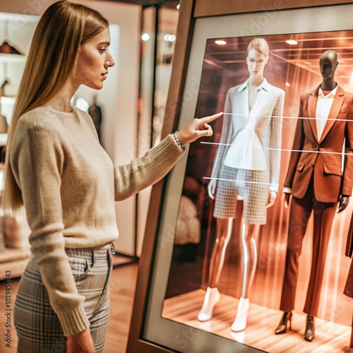 A futuristic clothing store where customers try on virtual outfits using AR glasses