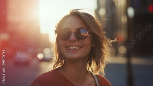 Wallpaper Mural Smiling Woman in City with Sunset Torontodigital.ca