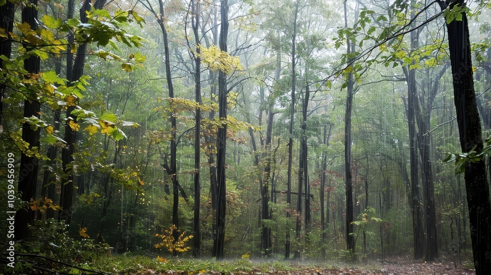 Fototapeta premium Rainy Forest Scene with Mist and Tranquil Atmosphere