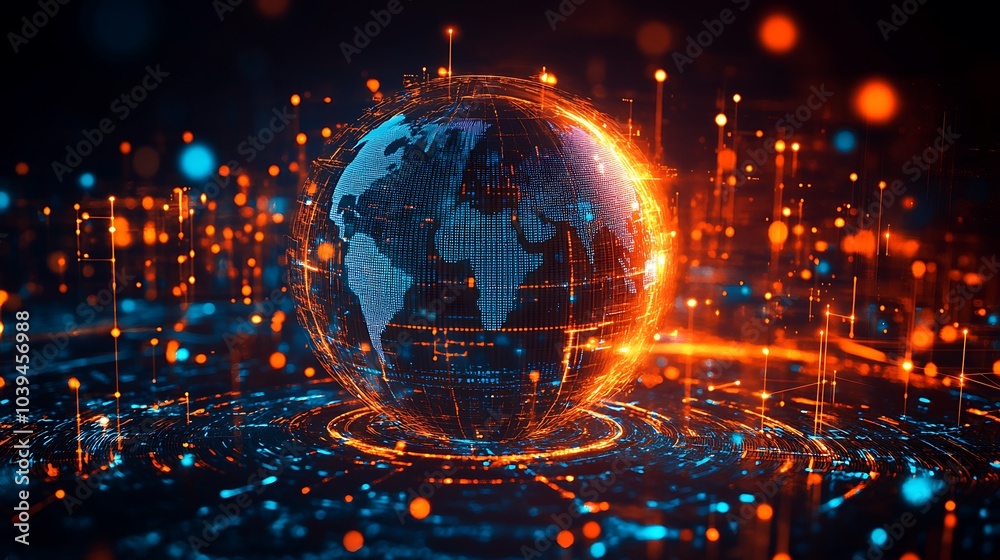 Fototapeta premium Close-up of a glowing holographic globe, with intricate lines and data points on a transparent surface