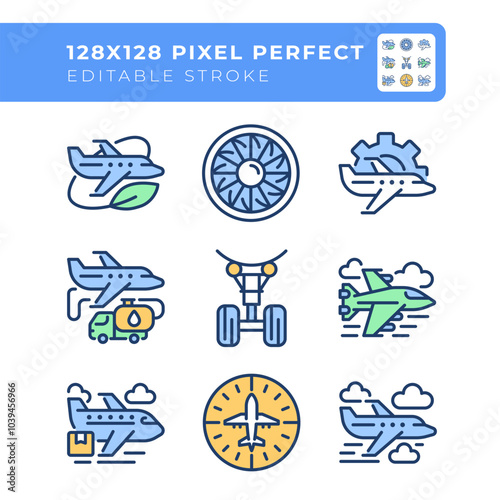 Aviation industry RGB color icons set. Air travel. Aircraft operations. Business and cargo aircraft. Isolated vector illustrations. Simple filled line drawings collection. Editable stroke
