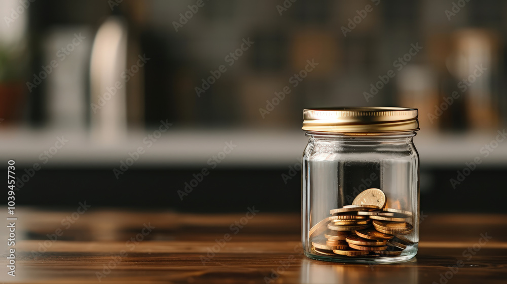 jar of coins sits on wooden table, symbolizing savings and financial growth. blurred background adds sense of calm and focus on jars contents, representing future investments jar of coins sits on wooden table, symbolizing savings and financial growth. blurred background adds sense of calm and focus on jars contents, representing future investments