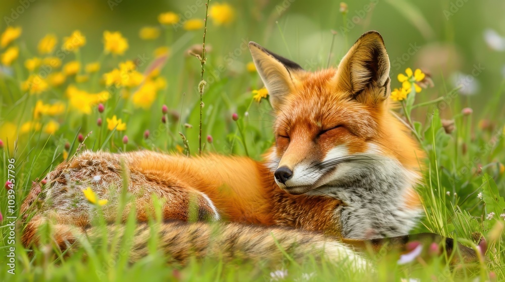 Fototapeta premium Resting Red Fox in Serene Meadow with Flowers