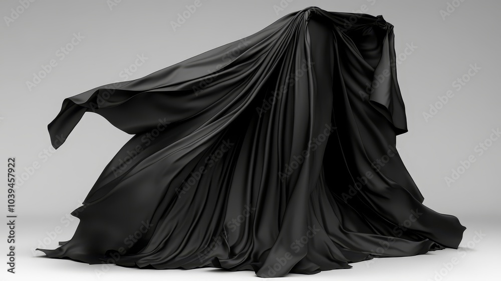 A woman in a black dress, veil, and cape stands before a gray backdrop A woman in a black dress, veil, and cape stands before a gray backdrop