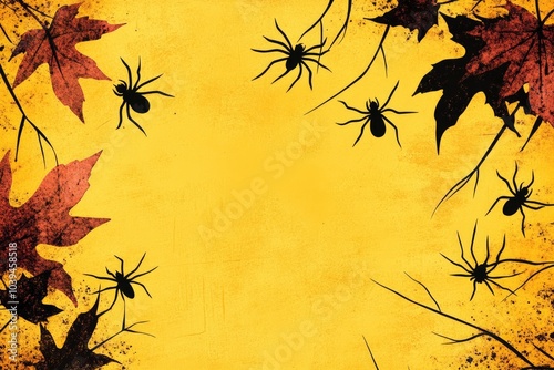 Halloween background. Leaves and spiders in autumn on a yellow background. Halloween Flag. with generative ai