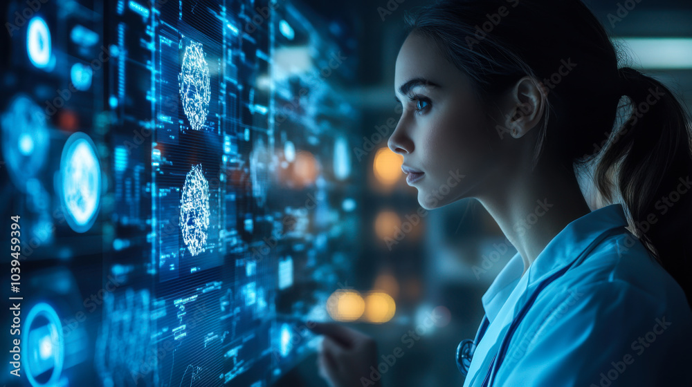 Young female scientist analyzing advanced digital data in a high-tech laboratory environment during late evening hours Young female scientist analyzing advanced digital data in a high-tech laboratory environment during late evening hours
