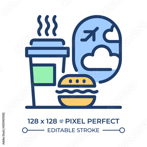 Inflight catering RGB color icon. Meals and beverages served during flights. Coffe with burger in front of plane porthole. Isolated vector illustration. Simple filled line drawing. Editable stroke