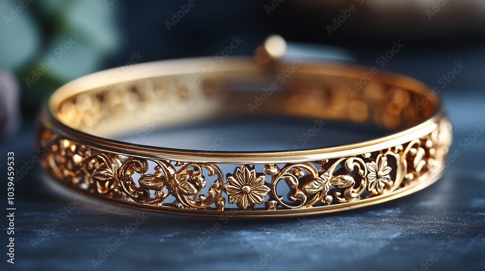 Retro gold bracelet with intricate ornamentation resting on a simple sleek background emphasizing the charm and elegance of vintage craftsmanship Retro gold bracelet with intricate ornamentation resting on a simple sleek background emphasizing the charm and elegance of vintage craftsmanship