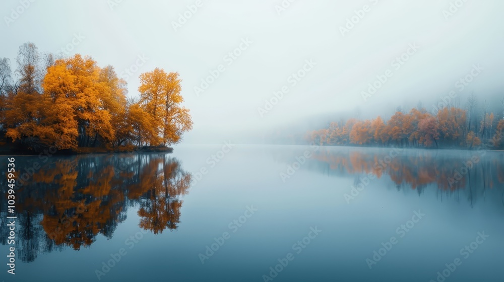 Misty Autumn Lake with Reflection and Golden Trees Misty Autumn Lake with Reflection and Golden Trees