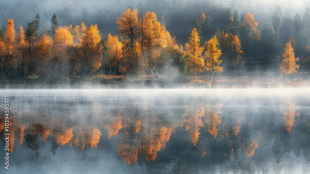 Misty Tranquil Lake with Autumn Reflections Misty Tranquil Lake with Autumn Reflections
