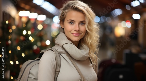 Young woman with luggage at the station on Christmas holidays