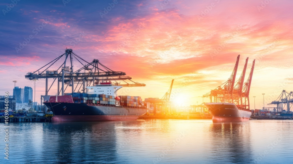 A bustling modern port bathed in the early morning light, with cranes and cargo ships under a colorful sunrise sky, symbolizing the continuous growth and innovation in global trade A bustling modern port bathed in the early morning light, with cranes and cargo ships under a colorful sunrise sky, symbolizing the continuous growth and innovation in global trade