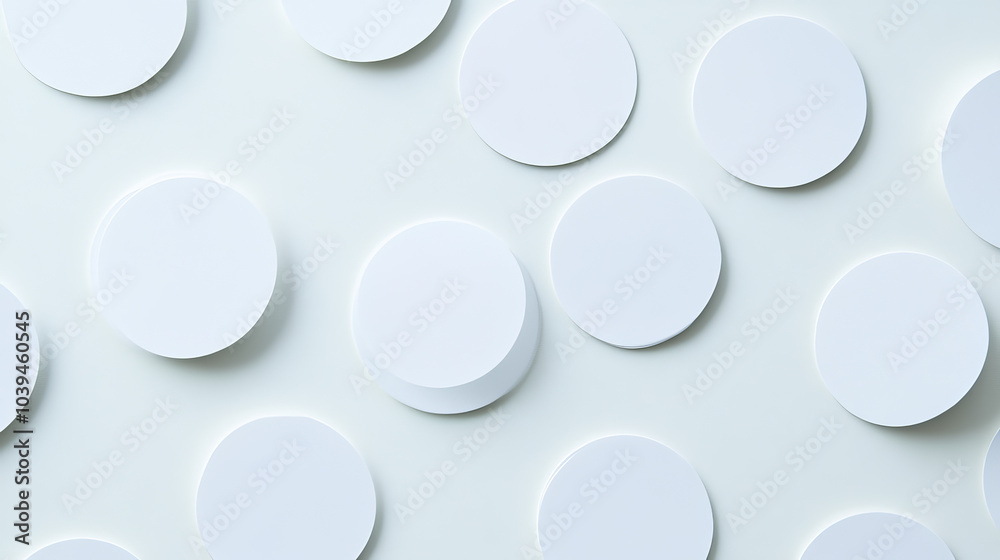 A group of blank, white, round stickers are shown against a white background. A group of blank, white, round stickers are shown against a white background.