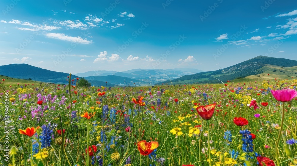 Vibrant Wildflower Field in Full Bloom Under Blue Sky Vibrant Wildflower Field in Full Bloom Under Blue Sky