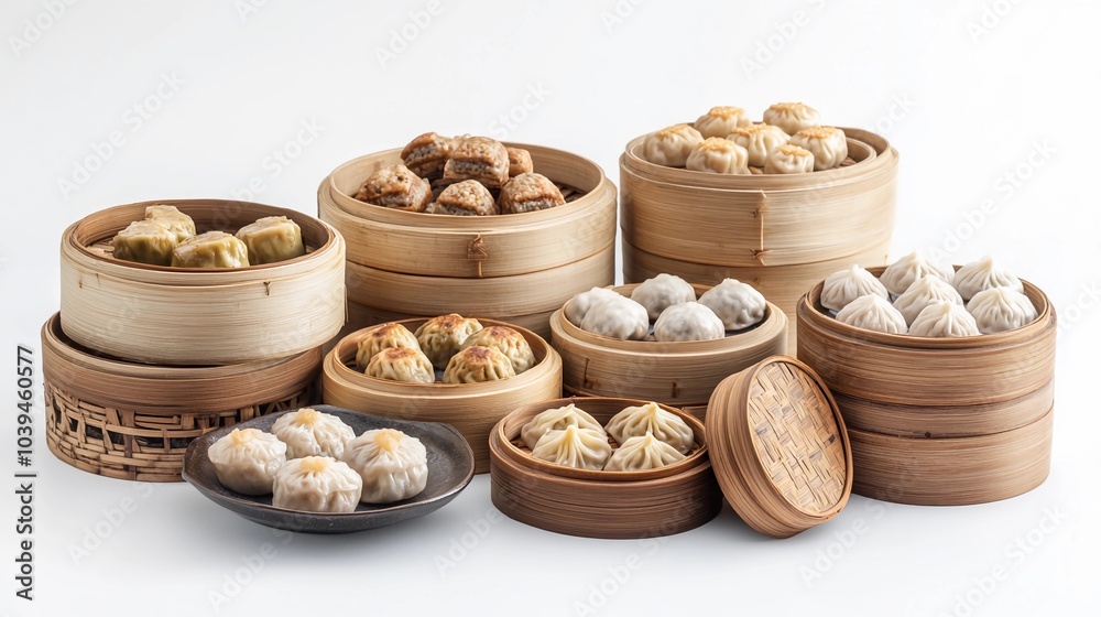 Bamboo steamers filled with various dim sum, such as dumplings and buns, arranged beautifully Bamboo steamers filled with various dim sum, such as dumplings and buns, arranged beautifully