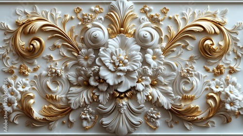 Richly detailed 3D golden Baroque filigree featuring swirling floral patterns and elegant leaf motifs framed by rococostyle scrolls set against a clean white backdrop for an opulent appearance photo