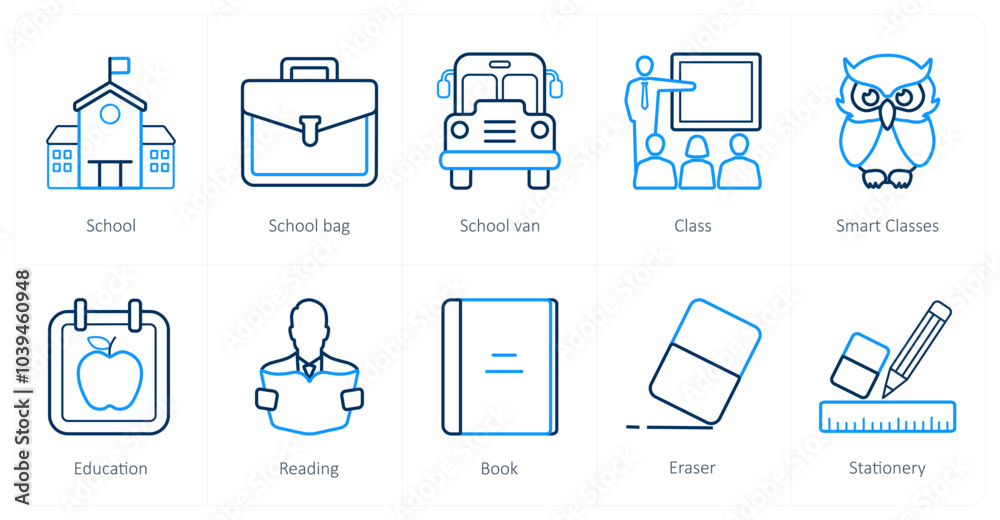 A set of 10 School and Education icons as school, school bag, school van A set of 10 School and Education icons as school, school bag, school van