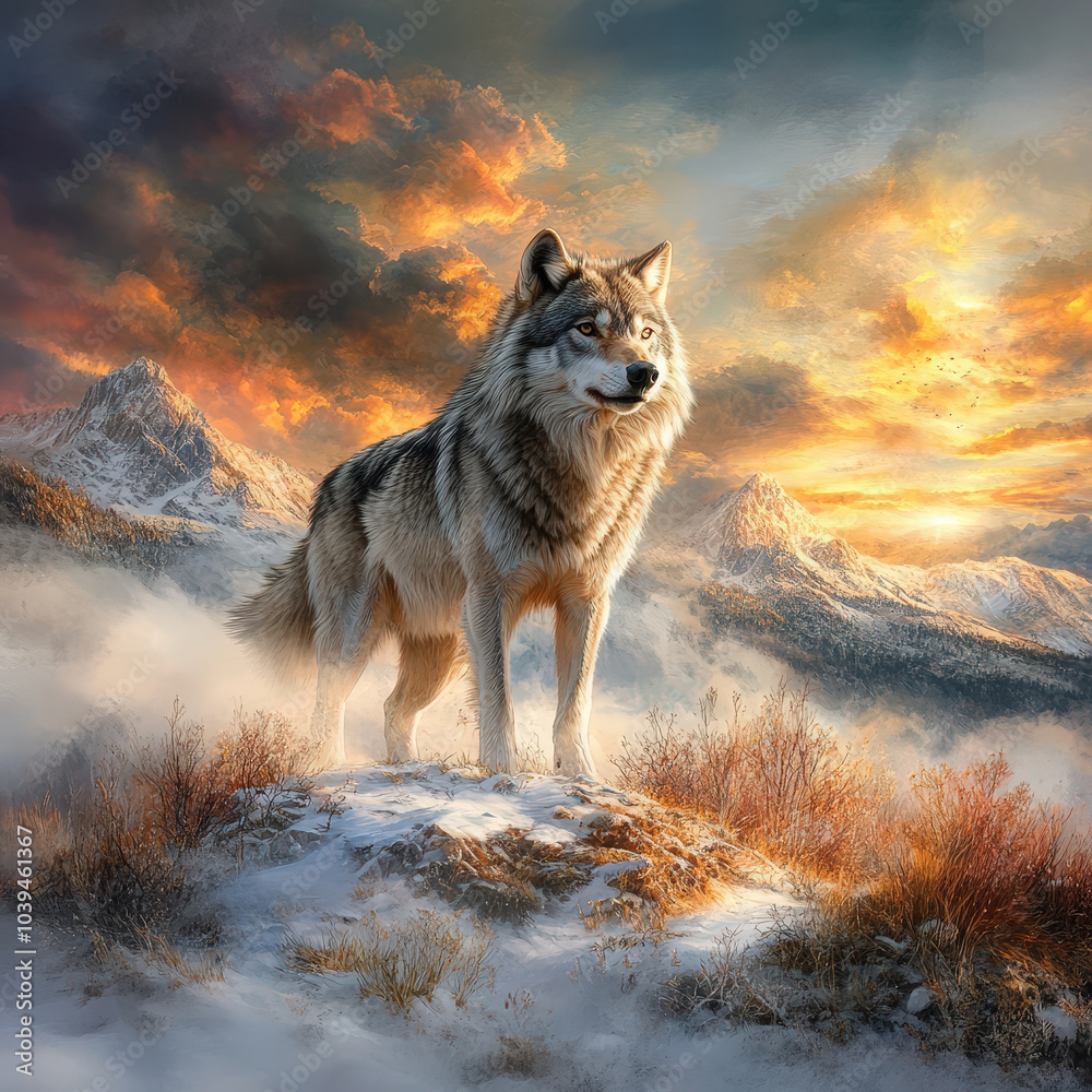 majestic wolf stands proudly on snow covered hill, surrounded by breathtaking landscape of mountains and vibrant sunset. scene evokes sense of solitude and strength majestic wolf stands proudly on snow covered hill, surrounded by breathtaking landscape of mountains and vibrant sunset. scene evokes sense of solitude and strength