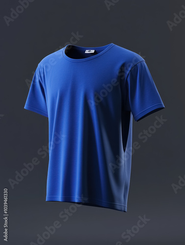 3d mockup of blue t-shirt floating on a dark grey studio background