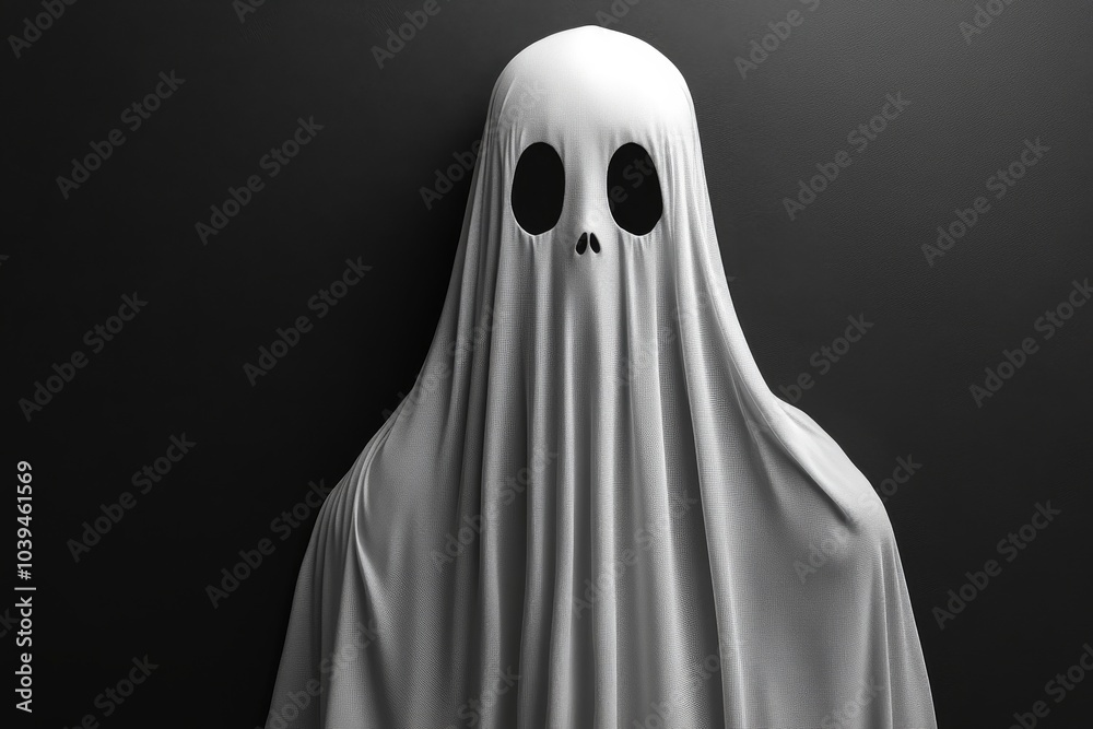 Simple ghost figure draped in white cloth with hollow black eyes standing alone against a dark background evoking spooky Halloween vibes with minimalist charm Simple ghost figure draped in white cloth with hollow black eyes standing alone against a dark background evoking spooky Halloween vibes with minimalist charm