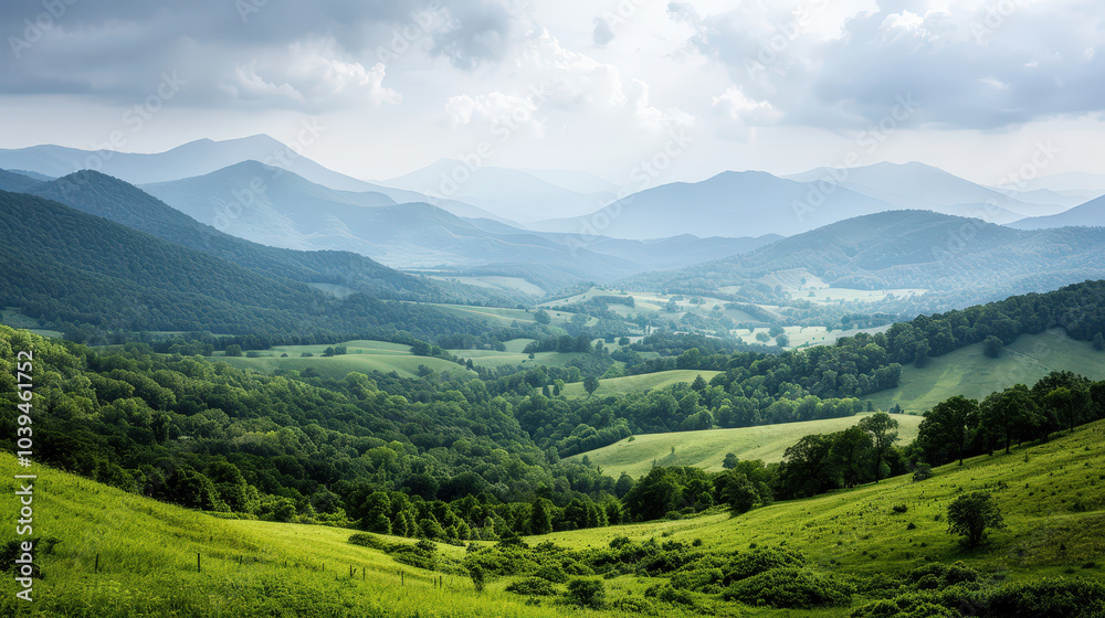 Fototapeta premium lush green landscape of rolling hills and mountains under cloudy sky, showcasing beauty of nature and tranquility. scene evokes sense of peace and serenity