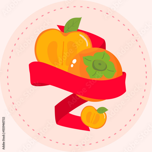 Vector illustration using persimmons and ribbons. Circular. Can be used as stickers, posters, decorations, notes, etc. Cute persimmon illustration. Autumn fruit.