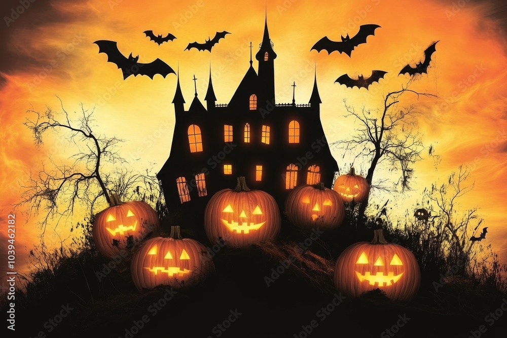 Spooky haunted house silhouette with glowing jack o lanterns bats flying overhead and a fiery orange sky blending classic Halloween horror with eerie charm Spooky haunted house silhouette with glowing jack o lanterns bats flying overhead and a fiery orange sky blending classic Halloween horror with eerie charm