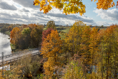 gorgeous autumn landscape with bright and colorful trees, typical Latvian golden autumn landscape photo