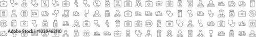 Doctor, Hospital, Stethoscope, Ambulance, Drugs Related Simple Sign Drawn with Thin Line for Interface, Booklets, Cards, Posts, Infographics
